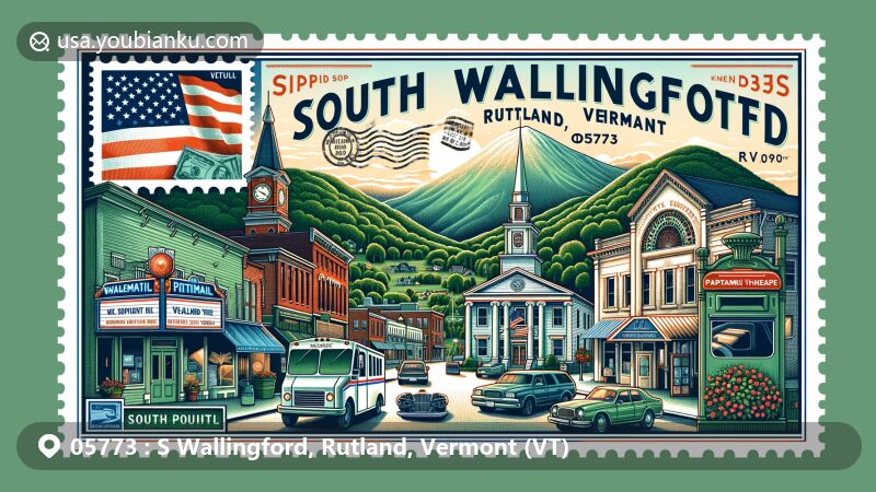 Modern illustration of South Wallingford, Rutland, Vermont, showcasing historic district, Paramount Theater, and Green Mountain National Forest with postal theme including airmail envelope, vintage stamp, postmark '05773', mailbox, and mail vehicle.