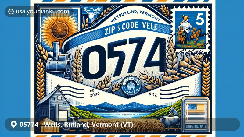 Modern illustration of Wells, Rutland County, Vermont, showcasing postal theme with ZIP code 05774, featuring Lake Saint Catherine and Vermont state symbols.