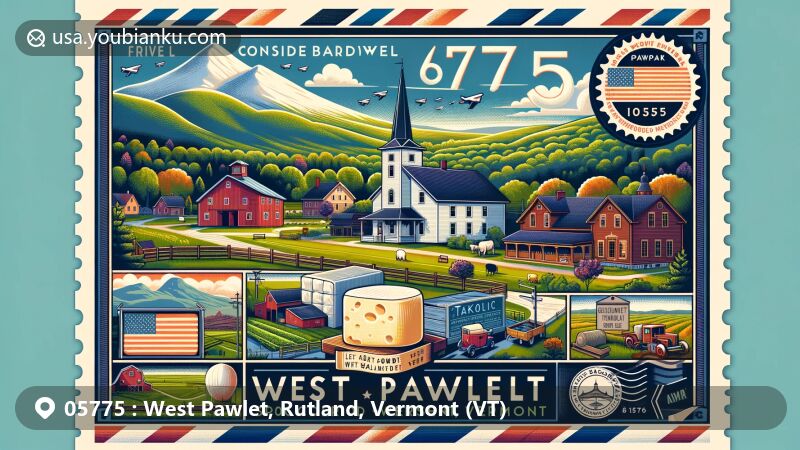 Modern illustration of the rural landscape of Consider Bardwell Farm in West Pawlet, Vermont, showcasing Vermont's dairy farming heritage and postal theme with ZIP code 05775.