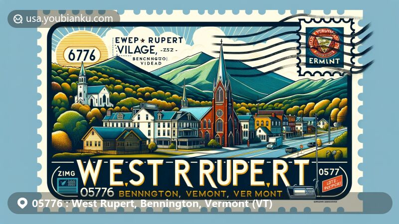 Modern illustration of West Rupert, Bennington, Vermont, showcasing postal theme with ZIP code 05776, featuring iconic Rupert Village Historic District, Taconic Mountains, and Vermont state flag.