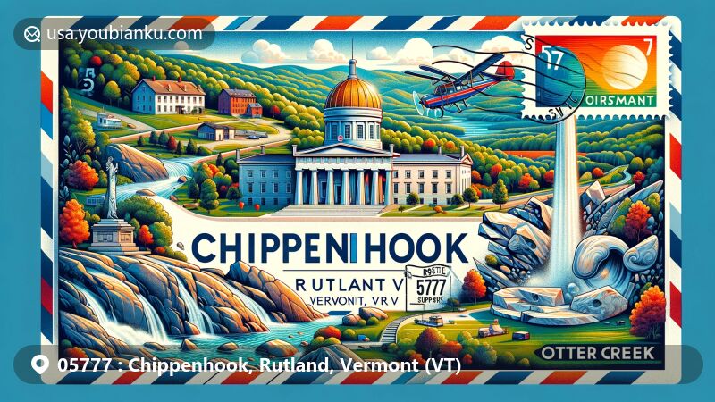 Vibrant illustration of Chippenhook, Rutland County, Vermont, highlighting postal theme with ZIP code 05777, featuring Vermont Statehouse, marble quarries, and Otter Creek.