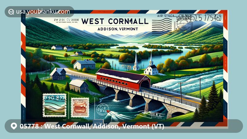 Modern illustration of West Cornwall, Addison, Vermont, highlighting rural landscape with green hills, snowy scenery, iconic covered bridges, and Lake Champlain elements, in a postcard-like design featuring ZIP code 05778.