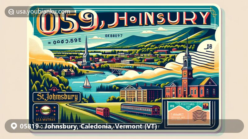 Modern illustration of St. Johnsbury, Caledonia County, Vermont, featuring Fairbanks Museum, Passumpsic River, and symbolic elements like state flag on postage stamp, postal mark, and traditional mailbox, with ZIP code 05819.