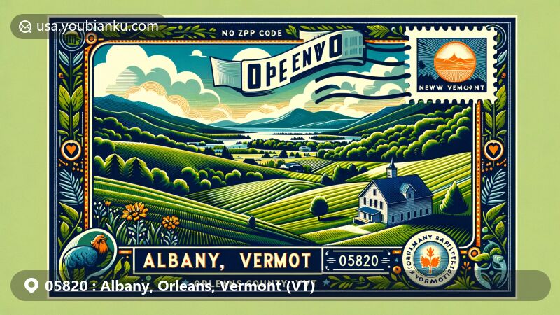 Modern illustration of Albany, Orleans County, Vermont, highlighting lush green hills and rural landscapes, featuring state symbols like the Vermont flag and maple leaf, and postal elements such as a vintage postage stamp and a postmark with 'Albany, VT 05820'.