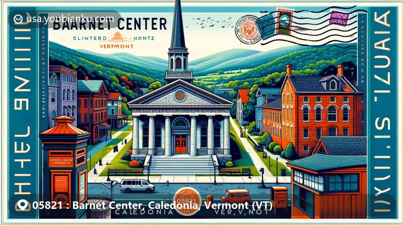 Modern illustration of Barnet Center, Caledonia, Vermont, featuring Greek Revival style United Presbyterian Church and historic buildings, with postal elements like vintage stamp and traditional mailbox.