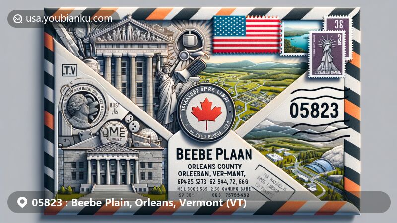 Modern illustration of Beebe Plain, Orleans County, Vermont, showcasing airmail envelope design with split American and Canadian symbols, featuring Haskell Free Library and Opera House.