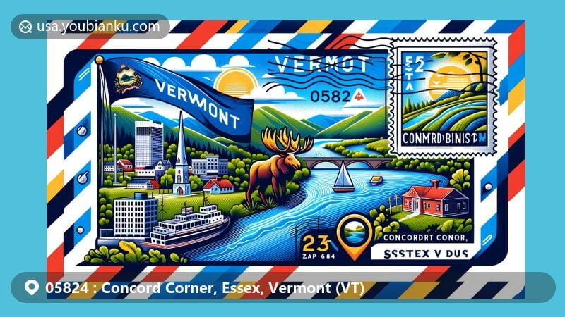 Modern illustration of Concord Corner, Essex County, Vermont, featuring the state flag, landmark, and scenic view, on an airmail envelope with ZIP code 05824 and a stamp depicting Moose River or Concord Pond.
