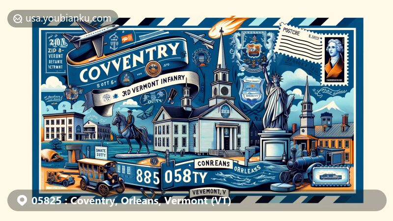 Modern illustration of Coventry and Orleans, Vermont, highlighting historical and cultural elements with postal theme, featuring 3rd Vermont Infantry, Congregational Church, Old Stone House Museum, Vermont state symbols, and postal elements.
