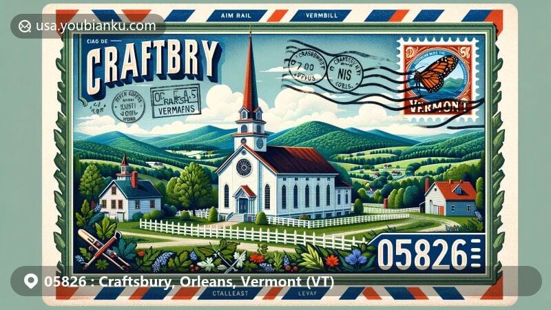 Modern illustration of Craftsbury, Orleans County, Vermont, showcasing postal theme with ZIP code 05826, featuring Craftsbury Common, Vermont state symbols, and scenic landscapes.