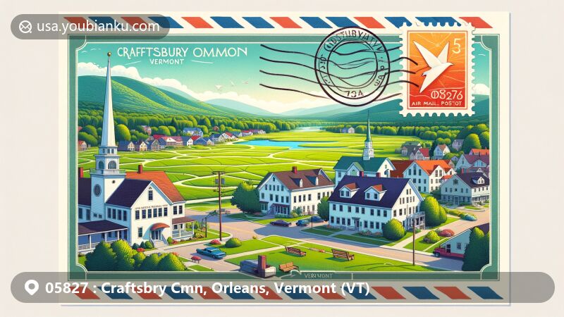 Craftsbury Common, Vermont illustration with vintage postcard theme, showcasing grassy landscape, white buildings, and postal elements, reflecting community spirit and civic engagement.