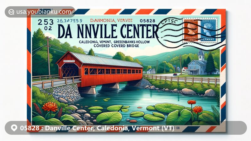 Modern illustration of Danville Center, Caledonia, Vermont, featuring postal theme with ZIP code 05828, showcasing Joe's Pond and Greenbanks Hollow Covered Bridge.