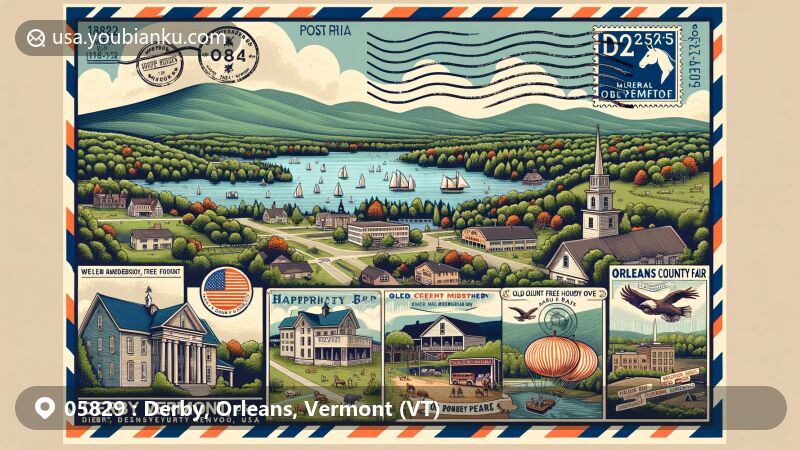 Modern illustration of Derby, Vermont, featuring Lake Memphremagog, Old Stone House Museum, Haskell Free Library and Opera House, Orleans County Fair, with postal theme showcasing ZIP code 05829.