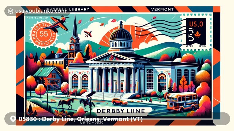 Modern illustration of Derby Line, Vermont, showcasing Haskell Free Library and Opera House, fall foliage, and postal theme with ZIP code 05830.