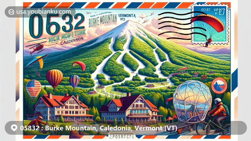 Modern illustration of Burke Mountain, Caledonia, Vermont, highlighting postal theme with ZIP code 05832, featuring vibrant ski resort and outdoor activities like mountain biking, hiking, and gliding.