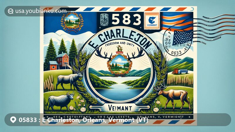 Modern illustration of E Charleston, Orleans County, Vermont, with postal theme showcasing state flag, Green Mountains, pine tree, wheat sheaves, cow, and stag head, representing natural beauty and agricultural heritage.