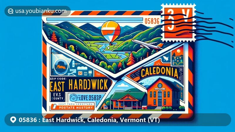 Illustration of East Hardwick, Caledonia, Vermont (VT), depicting airmail envelope design with ZIP code 05836, showcasing Vermont state flag, Caledonia County map outline, and historic Caledonia No. 9 Grange Hall. Inside features scenic hiking trails representing the serene countryside and woodlands, a postal stamp with ZIP Code 05836, and a postmark. Vibrant and captivating style suitable for web use, focusing on key elements of East Hardwick, Vermont.