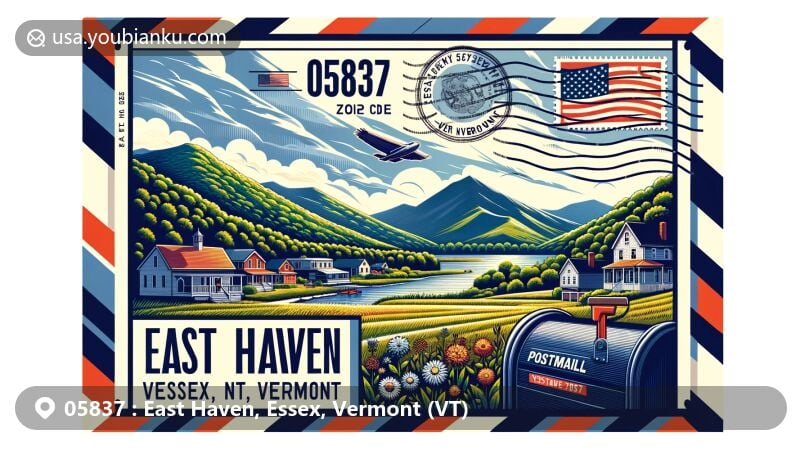 Modern illustration of East Haven, Essex County, Vermont (VT), showcasing mountainous terrain and natural beauty, incorporating East Haven Mountain and Vermont state flag.