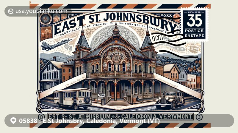 Vintage airmail envelope design representing East St. Johnsbury, Caledonia County, Vermont, featuring Railroad Street Historic District, St. Johnsbury Athenaeum's woodwork and ceiling, and Fairbanks Museum. Adorned with ZIP code 05838 postal mark and decorative stamps.