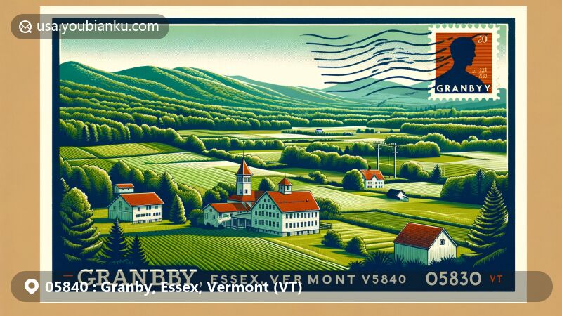 Modern illustration of Granby, Essex County, Vermont (VT), with rural landscape and New England town features, showcasing green fields, wooden buildings, and forests, creating a serene atmosphere.
