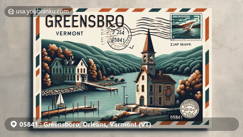 Modern illustration of Greensboro, Vermont, featuring postal theme with ZIP code 05841, showcasing Block House, Old Stone House, and Caspian Lake, symbolizing the town's history and natural beauty.