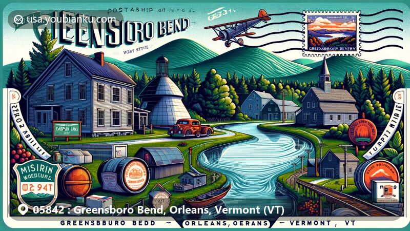 Illustration of Greensboro Bend, Orleans, Vermont (VT), showcasing Caspian Lake, Hill Farmstead Brewery, Old Stone House, maple sugaring industry, and vintage postal theme with ZIP code 05842 and Vermont state symbols.