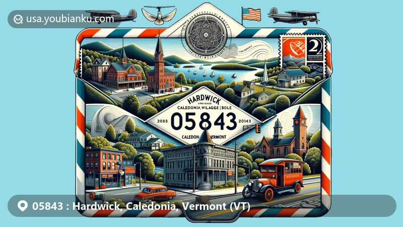 Modern illustration of Hardwick, Caledonia County, Vermont, featuring iconic landmarks like Downtown Hardwick Village Historic District, picturesque Hardwick Lake, and Jeudevine Memorial Library, harmoniously blended with postal elements.
