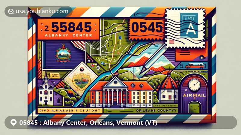 Modern illustration of Irasburg, Albany Center, Orleans County, Vermont, featuring postal theme with ZIP code 05845, showcasing Vermont state flag, Orleans County map, and historic landmarks like Old Stone House Museum.