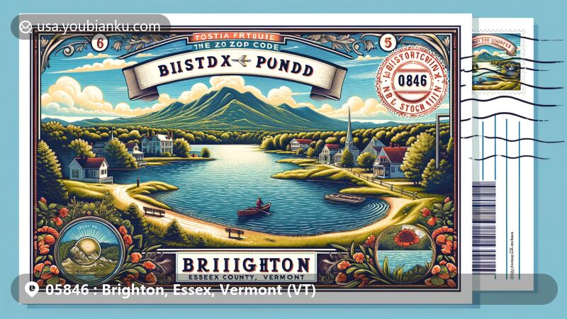 Modern illustration of Brighton, Essex County, Vermont, showcasing Island Pond surrounded by natural beauty, including Bluff Mountain, with postal stamp, postmark, and ZIP code 05846, highlighting town charm and Northeast Kingdom's allure.