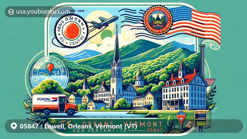 Modern illustration of Lowell, Orleans County, Vermont, showcasing postal theme with ZIP code 05847, featuring the scenic beauty of the Northeast Kingdom, incorporating Vermont state symbols and vintage postal elements.