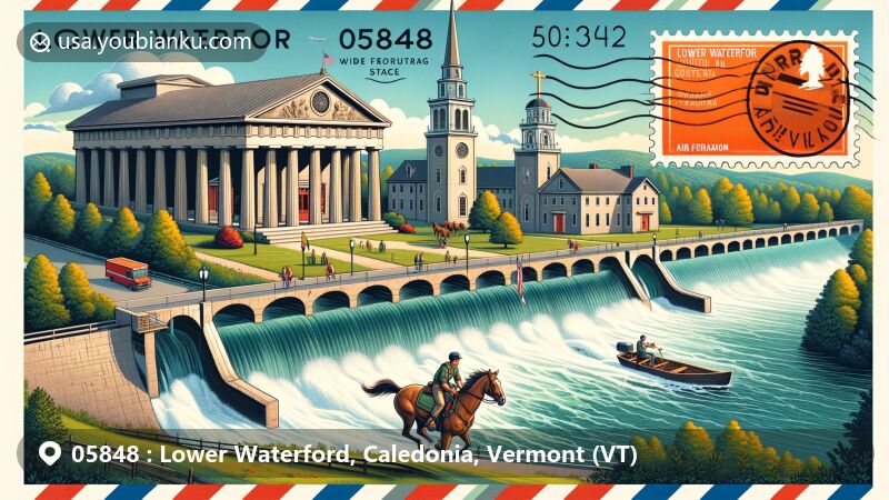 Modern illustration of Lower Waterford, Vermont, showcasing postal theme with ZIP code 05848, featuring Greek Revival church, Moore Dam, and outdoor horseback riding scene.
