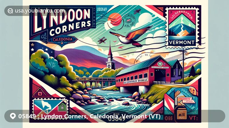 Modern illustration of Lyndon Corners, Caledonia County, Vermont, showcasing postal theme with ZIP code 05849, featuring Old Schoolhouse Bridge, Passumpsic River, and Vermont state symbols.