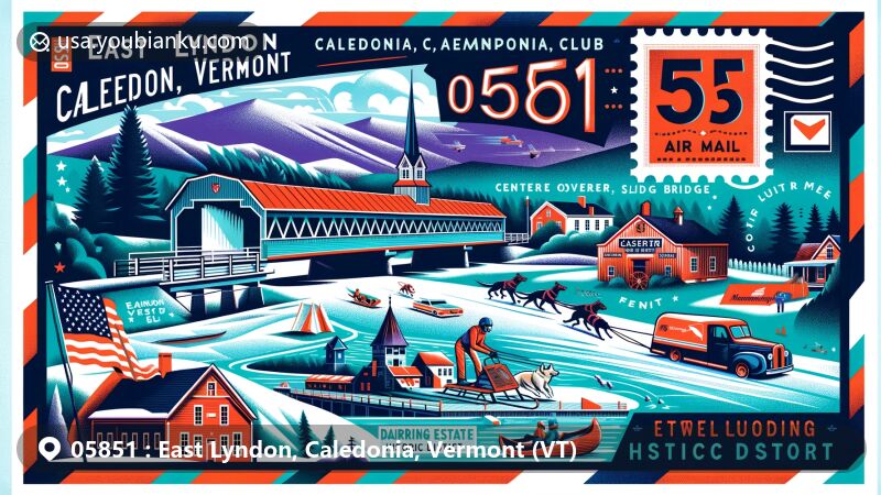 Modern illustration of East Lyndon, Caledonia, Vermont, showcasing Centre Covered Bridge, Darling Estate Historic District, winter festival activities, and Passumpsic River, with postal elements like stamp, '05851' postmark, mailbox, and mail truck.