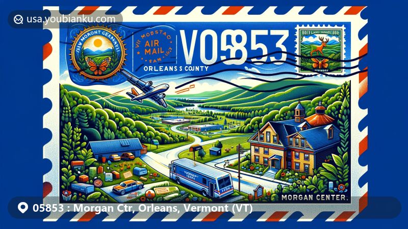 Modern illustration of Morgan Center, Orleans County, Vermont, featuring postal theme with ZIP code 05853, including Vermont state flag and scenic rural landscapes.
