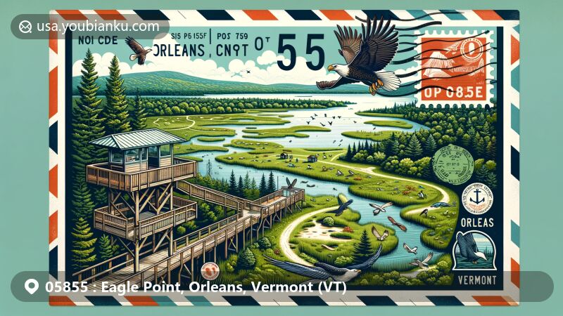 Modern illustration of Eagle Point, Orleans, Vermont, featuring postal theme with ZIP code 05855, highlighting picturesque Eagle Point Wildlife Management Area, Lake Memphremagog, and Vermont landscapes.