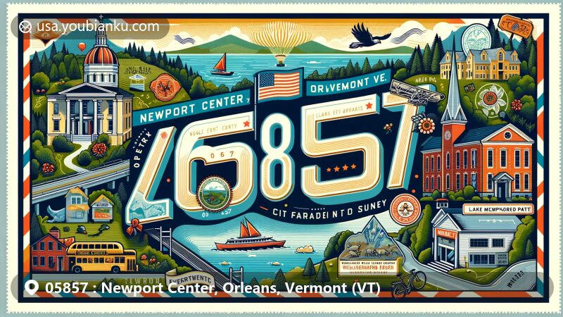 Modern illustration of Newport Center, Orleans County, Vermont, featuring ZIP code 05857, showcasing Vermont state flag, Orleans County outline, MAC Center for the Arts, Eagle Point Wildlife Management Area, St. Mary Star of the Sea Church, Lake Memphremagog, Newport Bike Path, vintage postage stamp, postmark, and classic mail truck.