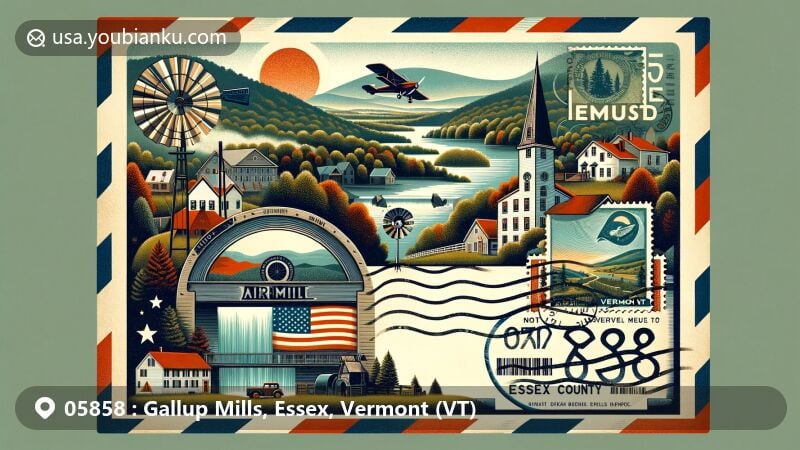 Classic illustration of Gallup Mills, Essex County, Vermont, showcasing vintage airmail envelope with ZIP code 05858, featuring state flag, maple trees, rural scenery, and postal elements.