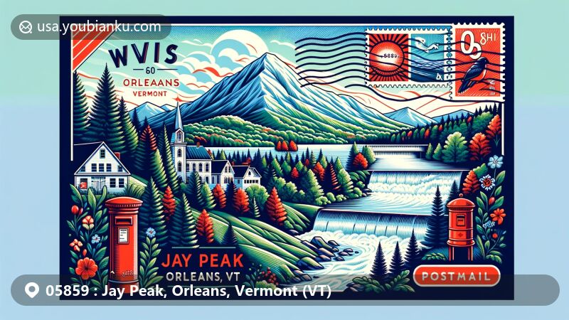 Modern illustration of Jay Peak, Orleans, Vermont (VT), showcasing postal theme with ZIP code 05859, featuring majestic mountains, serene river falls, spruce and fir trees, vintage stamp, postmark, and red mailbox.