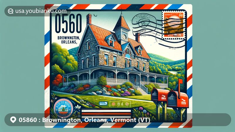 Modern illustration of Old Stone House Museum in Brownington, Orleans, Vermont, featuring vintage airmail envelope with Vermont state symbols and 05860 ZIP code postal theme.