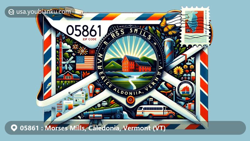 Modern illustration of Morses Mills, Caledonia County, Vermont, showcasing postal theme with ZIP code 05861, featuring Vermont state flag, Caledonia County map, and iconic local landmarks or elements, integrated with postal symbols.