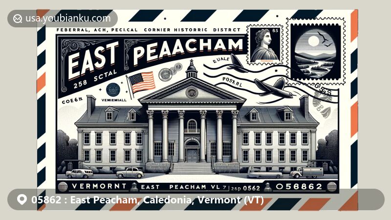 Modern illustration of East Peacham, Vermont, showcasing airmail envelope with ZIP code 05862, featuring Peacham Corner's architectural elements in Federal and Greek Revival styles, Cow Hill, and Vermont state symbols.