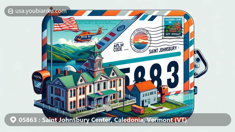 Modern illustration of Saint Johnsbury Center, Vermont, featuring airmail envelope with ZIP code 05863, merging state flag and county landmarks, showcasing postage stamp of notable building, postal elements like mailbox and postal vehicle.