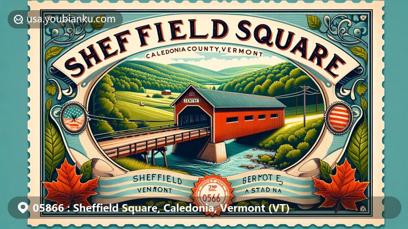 Vintage postcard illustration of Sheffield Square, Caledonia County, Vermont, showcasing rural charm and natural beauty with Centre Covered Bridge, maple leaf border, and Vermont state flag stamp.