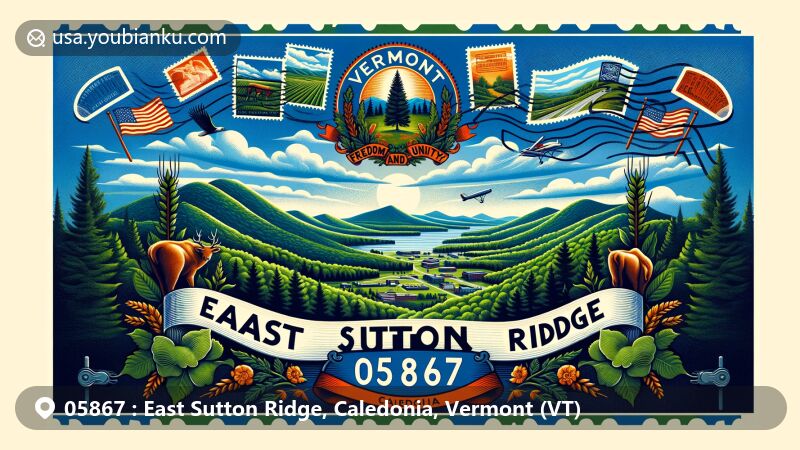 Modern illustration of East Sutton Ridge, Caledonia, Vermont, capturing the postal theme with ZIP code 05867, showcasing the natural beauty of Vermont with green mountains and forests, featuring the Vermont state flag with symbols of pine tree, three wheat sheaves, and a cow, and the words 'Vermont' and 'Freedom and Unity' banners.