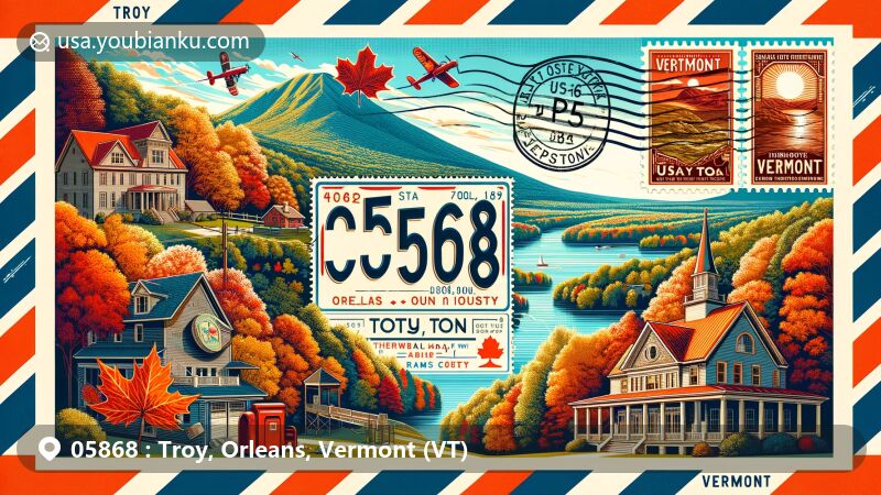 现代插图：佛蒙特州奥尔良县特洛伊（Troy, Orleans, Vermont (VT)）地区的邮政主题，展示秋季枫叶风光、哈斯克尔自由图书馆和歌剧院，以及经典邮政元素。