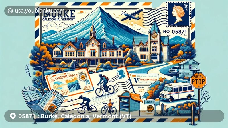 Modern illustration of Burke, Caledonia, Vermont, with unique postal elements and landmarks like Burke Mountain, Burklyn Mansion, and Kingdom Trails, featuring postal symbols such as postcard, airmail envelope, stamp, postmark, ZIP code 05871, mailbox, and postal vehicle.