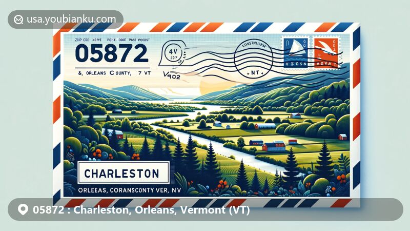 Modern illustration of Charleston, Orleans County, Vermont, showcasing lush rural landscapes, postal elements, and ZIP code 05872, featuring coordinates 44°53′56″N 72°03′34″W.