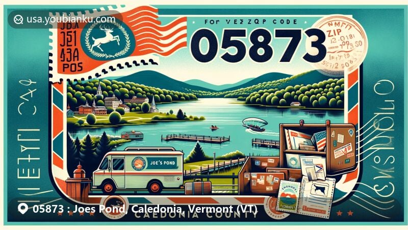 Modern illustration of Joes Pond, Caledonia, Vermont, depicting scenic view with Vermont state flag, stylized map of Caledonia County, vintage air mail envelope, and postal elements for ZIP code 05873.