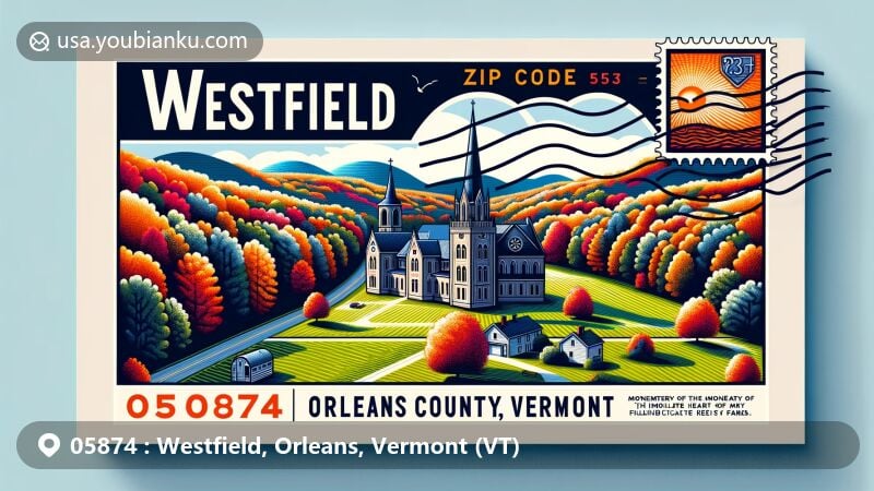 Modern illustration of Westfield, Orleans County, Vermont (VT), showcasing postal theme with ZIP code 05874, highlighting autumn landscape, Hazens Notch, and Monastery of the Immaculate Heart of Mary.