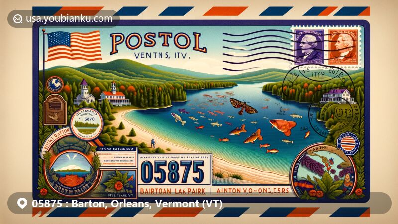 Vintage airmail envelope illustration for Barton, Orleans, Vermont (VT) ZIP code 05875, featuring Crystal Lake State Park scenery and historical references.