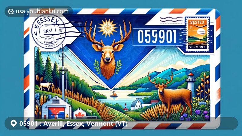 Modern illustration of Averill, Essex, Vermont, showcasing postal theme with ZIP code 05901, featuring Vermont state flag, Essex County outline, Averill location near Canada-US border, postage stamp, and natural beauty elements like forests and mountains.